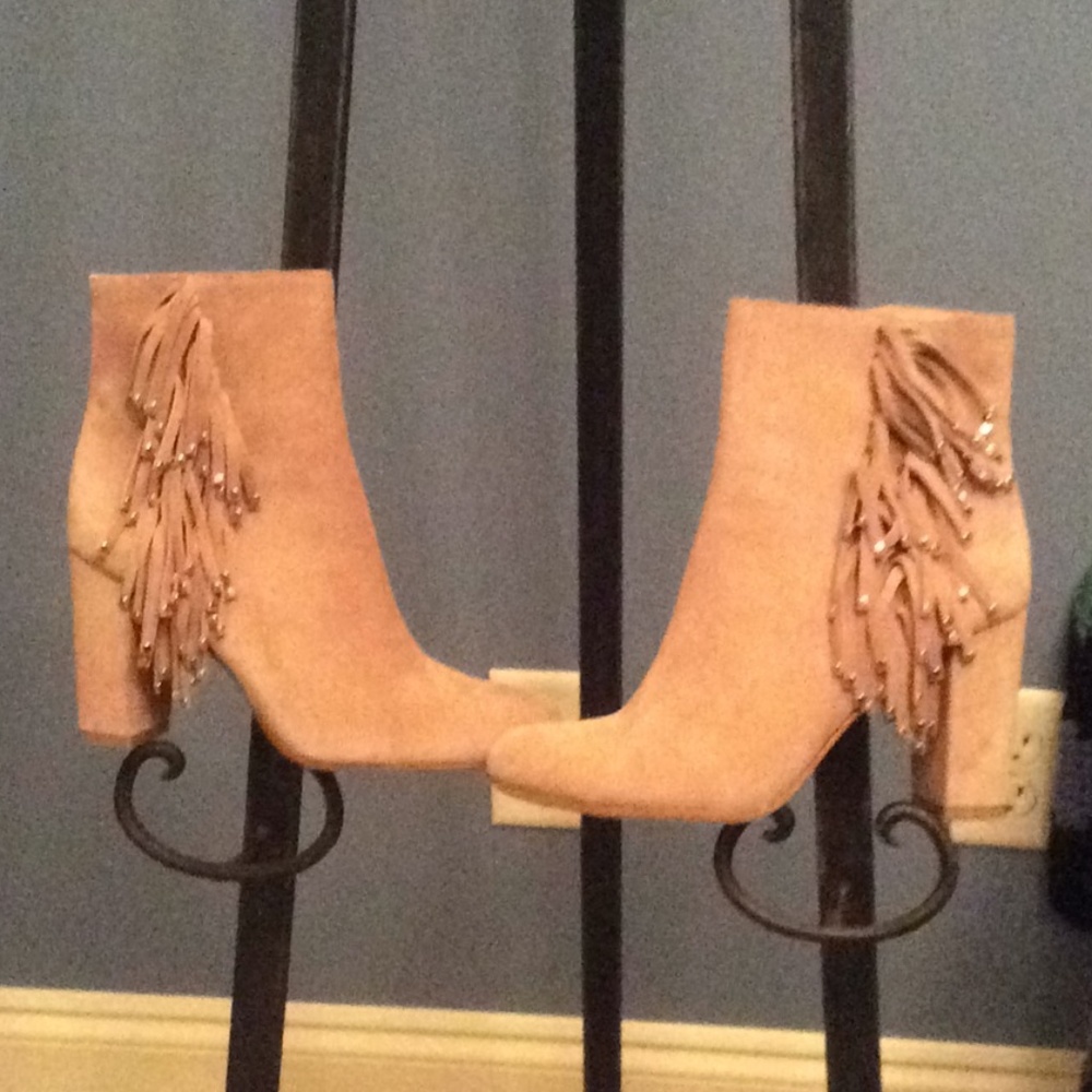 Diane Von Furstenberg Tan Suede Fringe Ankle Boots
